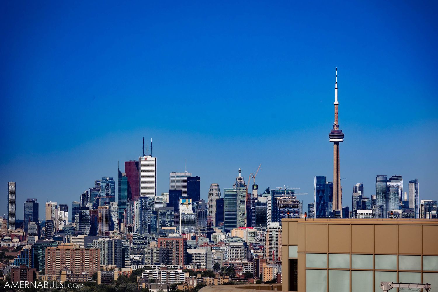 Toronto cityscape featuring the CN Tower and modern skyscrapers against a bright blue sky.