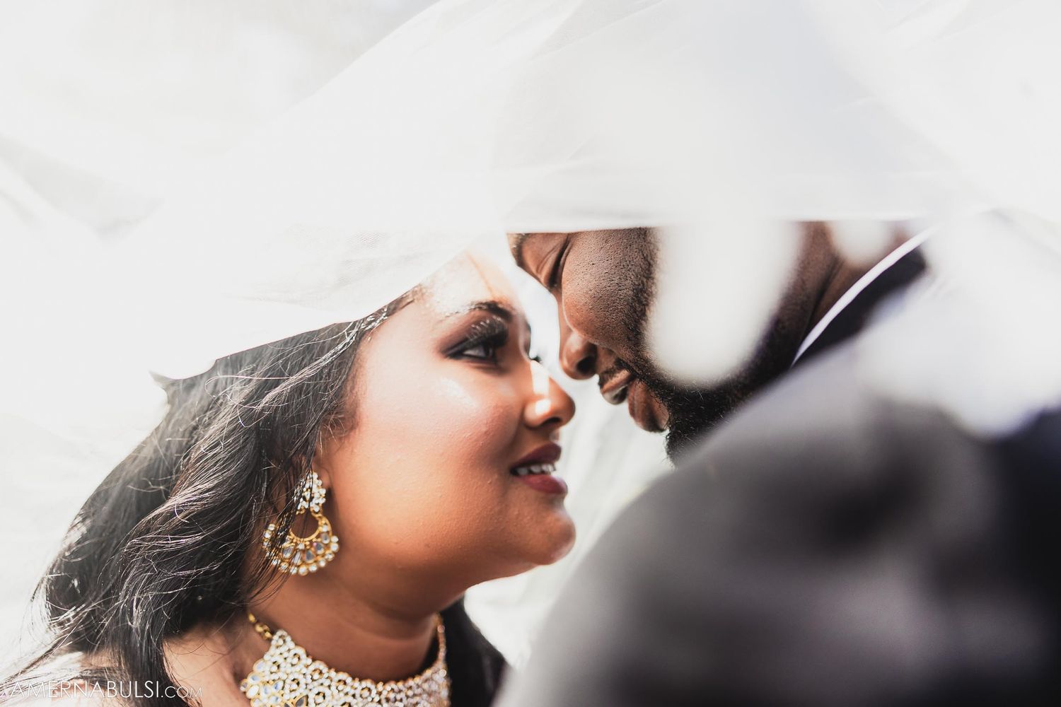 Intimate close-up wedding portrait with elegant jewelry and traditional attire.