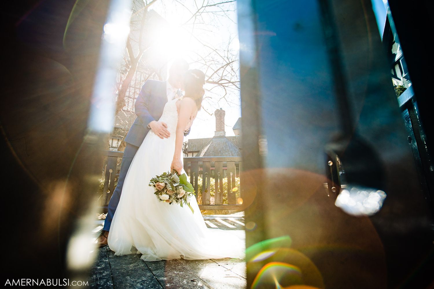 Artistic wedding photography with blurred lights creating a dreamy atmosphere.