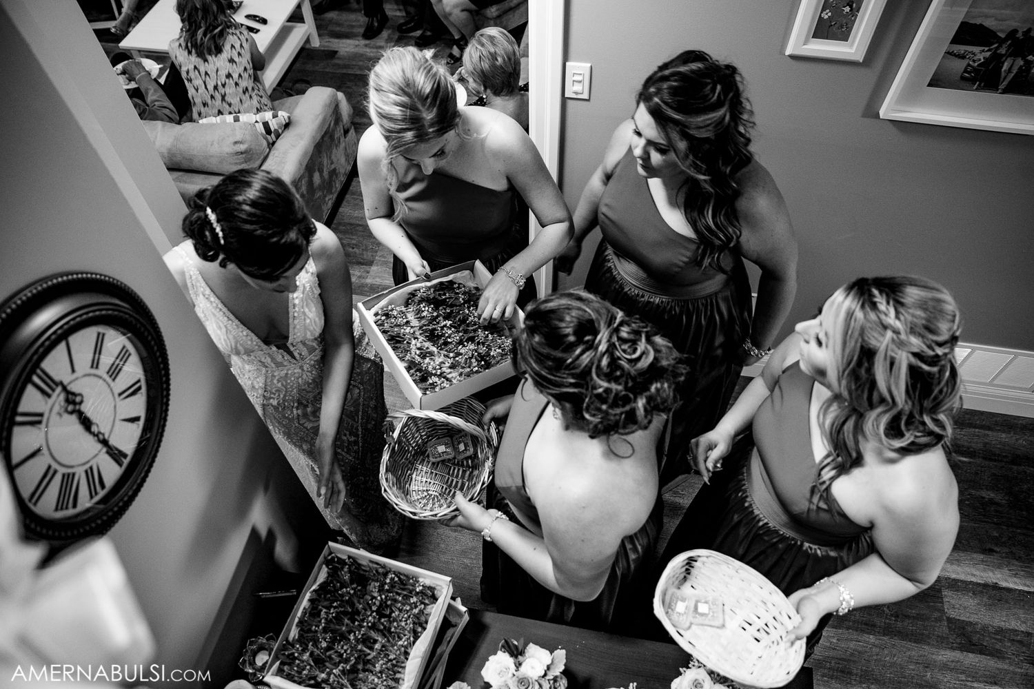 Black and white photos of wedding preparation moments showing details and candid shots.