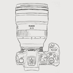 Detailed sketch illustrations of a Canon camera body and lens from various viewing perspectives.