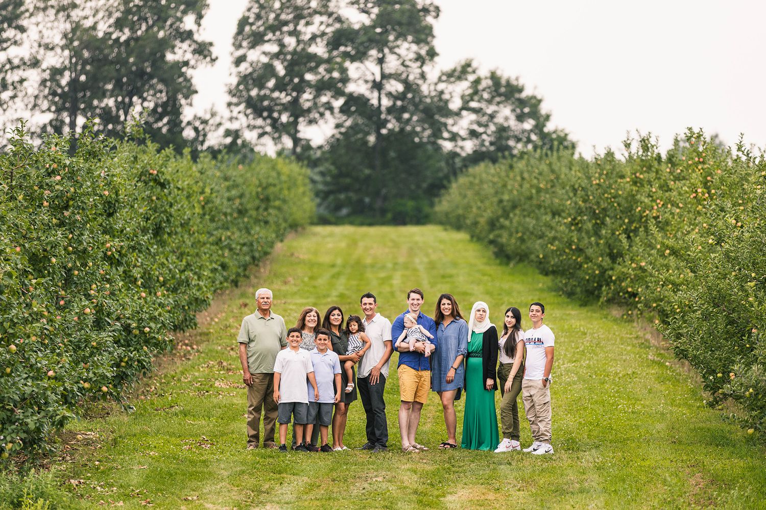 People gathered on a grassy path between rows of fruit trees in an orchard during summer.
