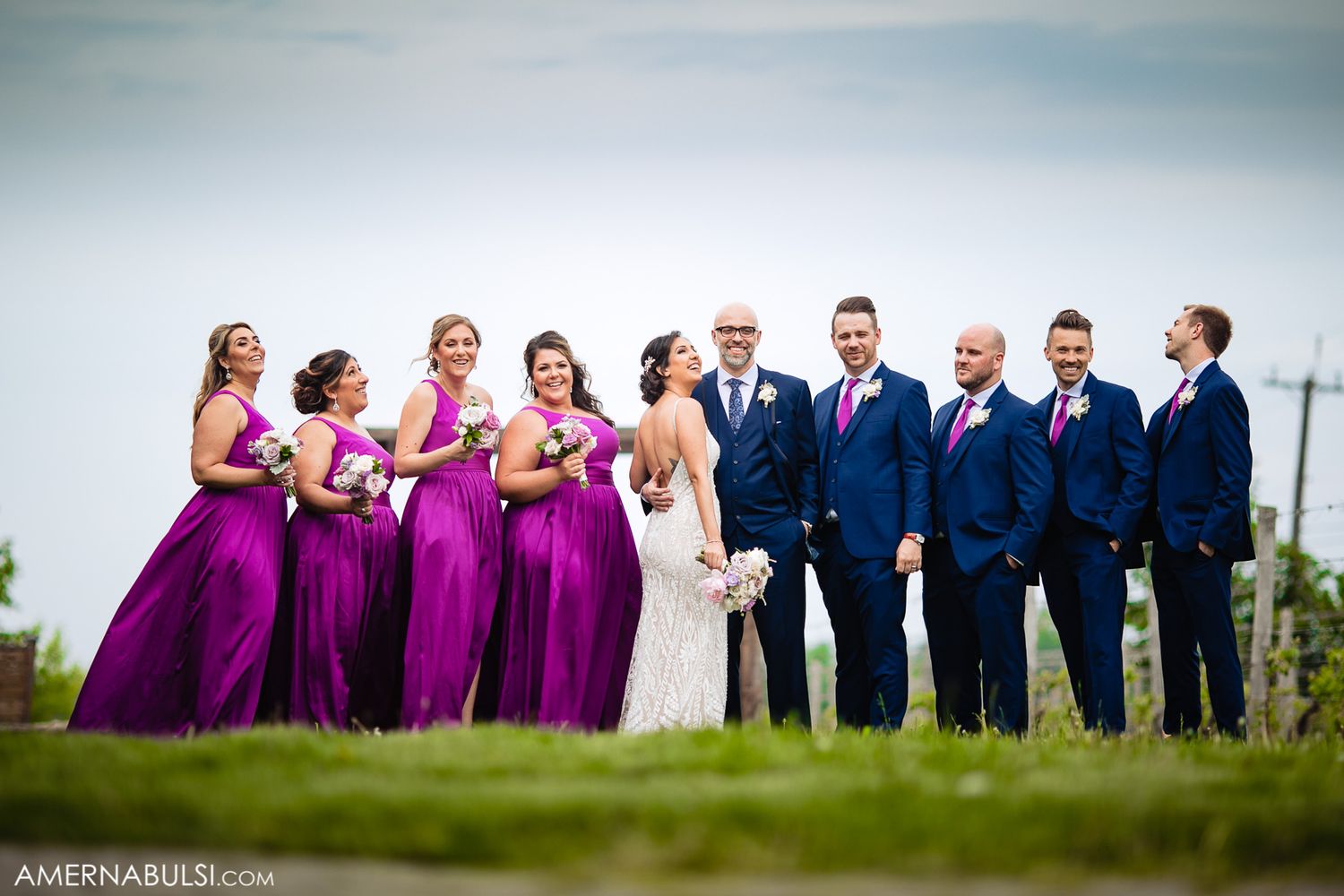 Wedding party members in navy suits and purple dresses pose together on a grassy hilltop against cloudy sky.