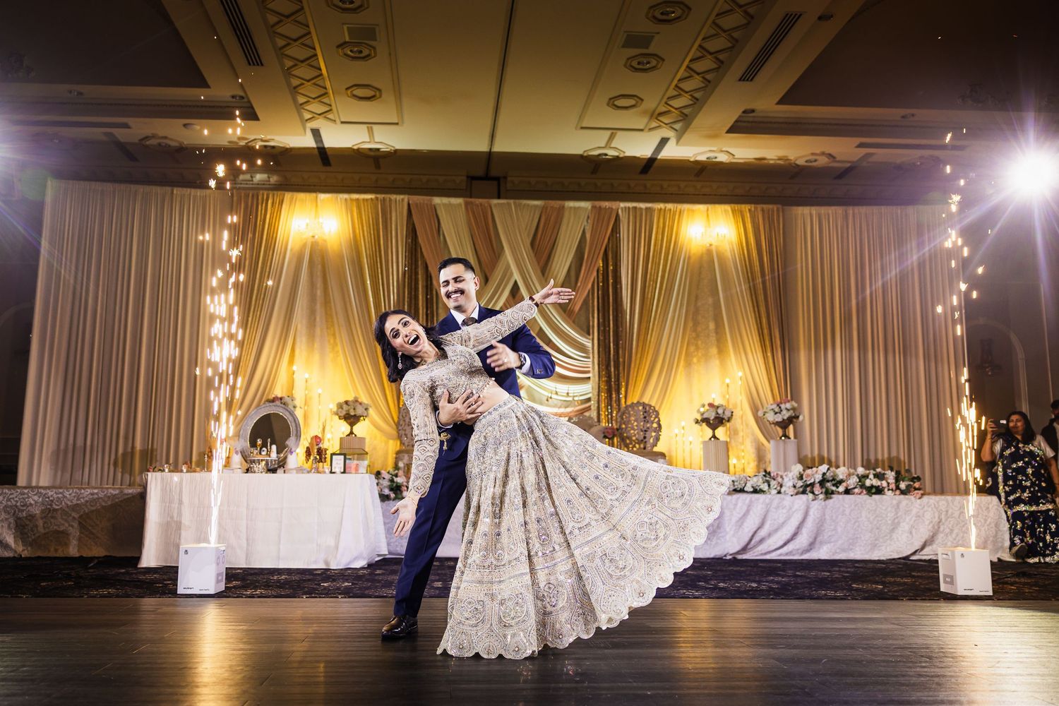 A series of wedding photos showing a bride in a white dress posing dramatically in an elegant ballroom setting.