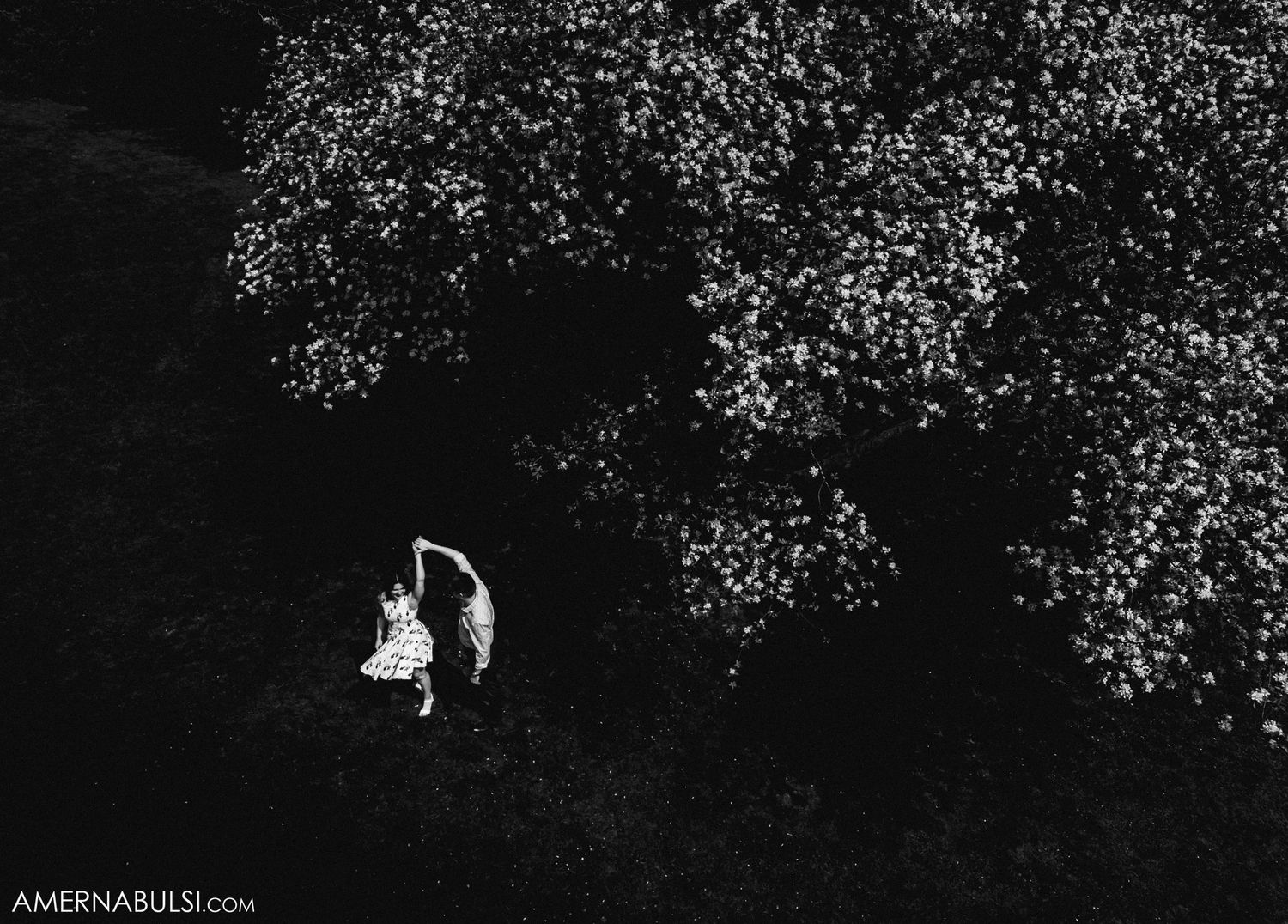 Black and white aerial shot of figures standing under flowering tree branches.