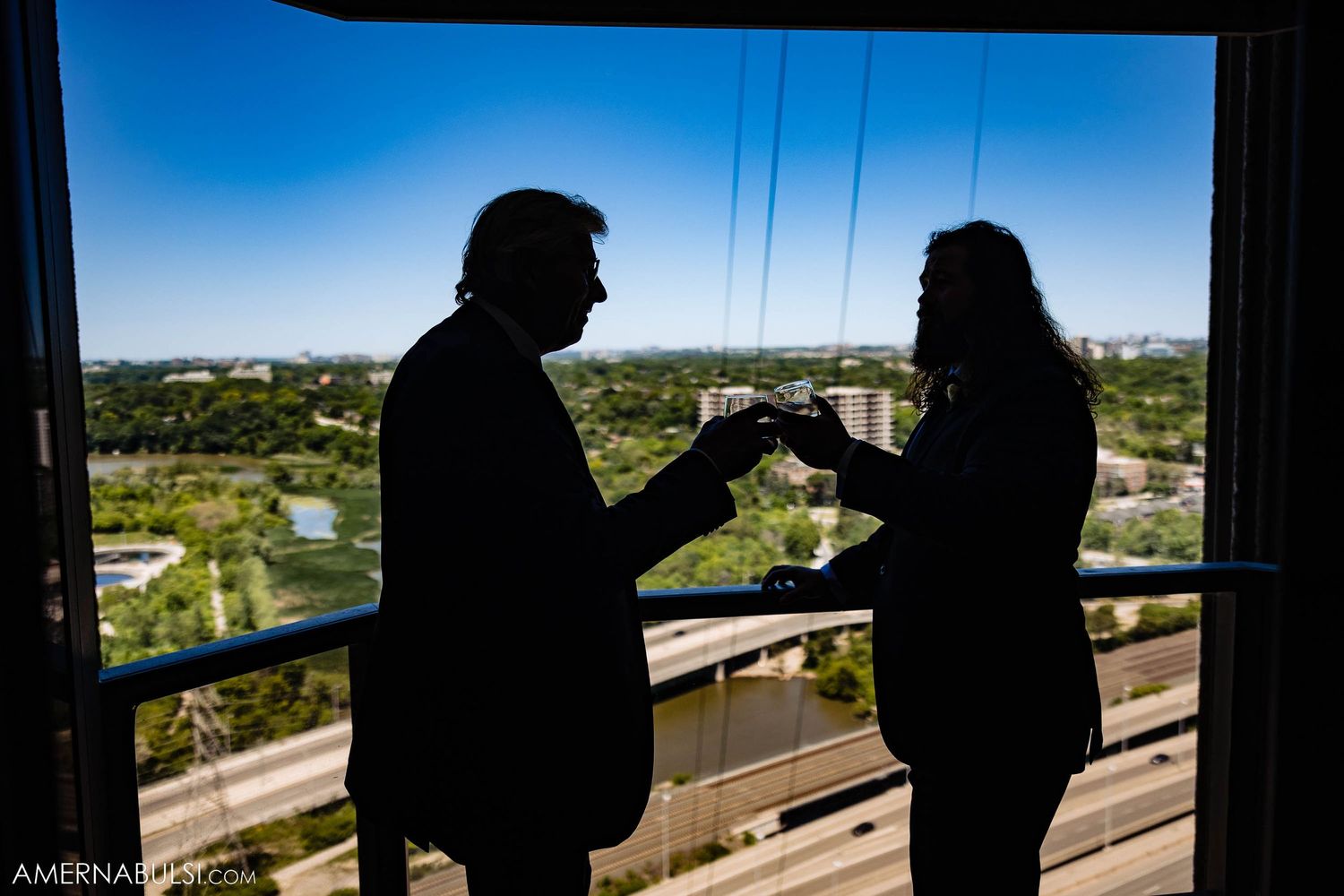 Silhouette of couple toasting champagne glasses against scenic city view.