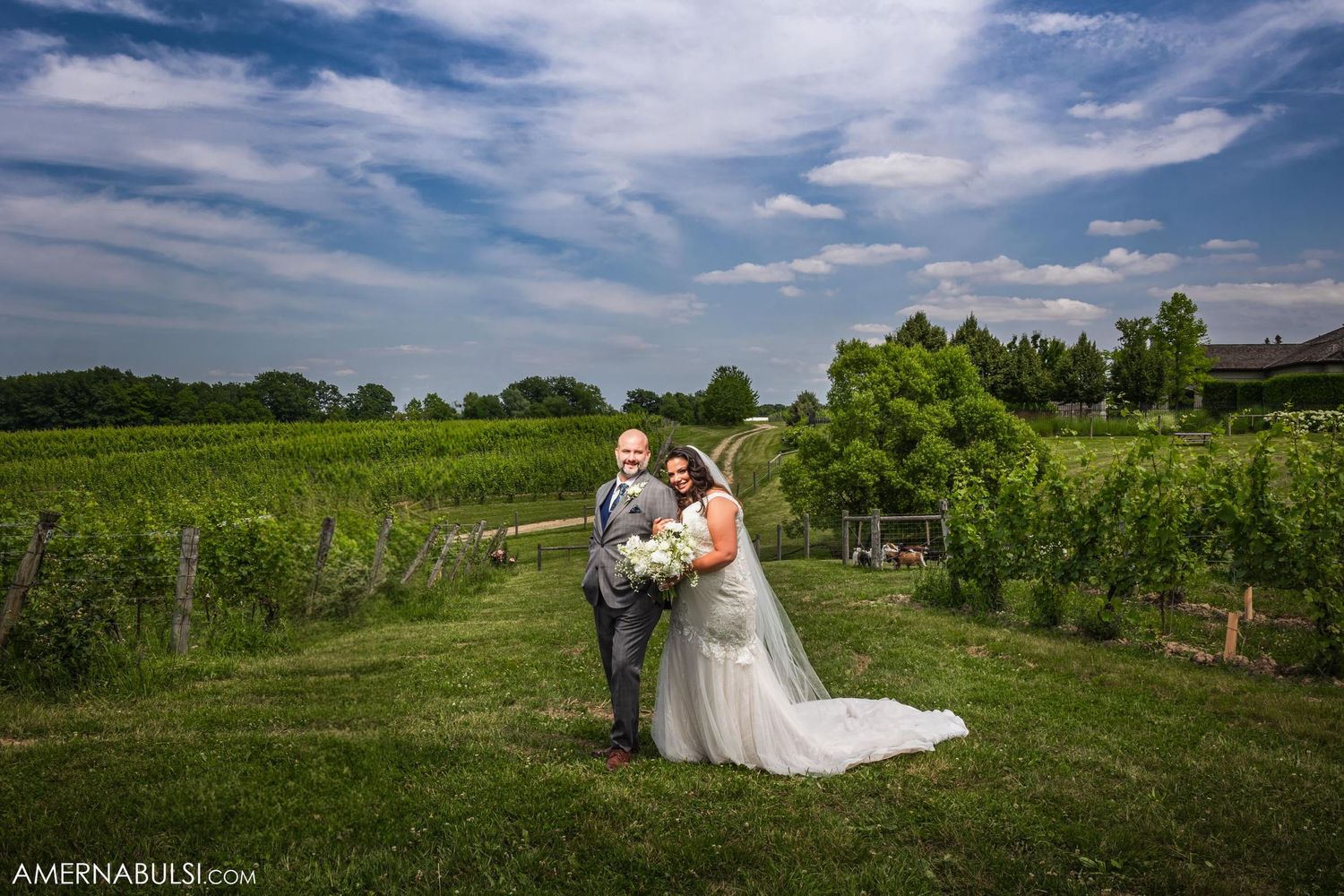 Wedding couple poses in a scenic vineyard setting with rolling hills and blue sky in the background.