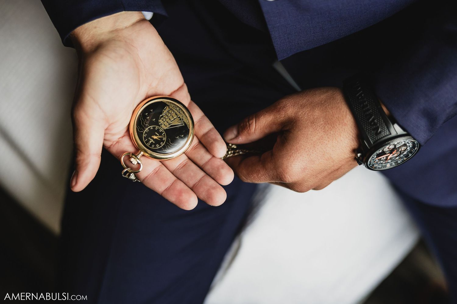 Close-up detail shots of hands holding and displaying pocket watches and timepieces.