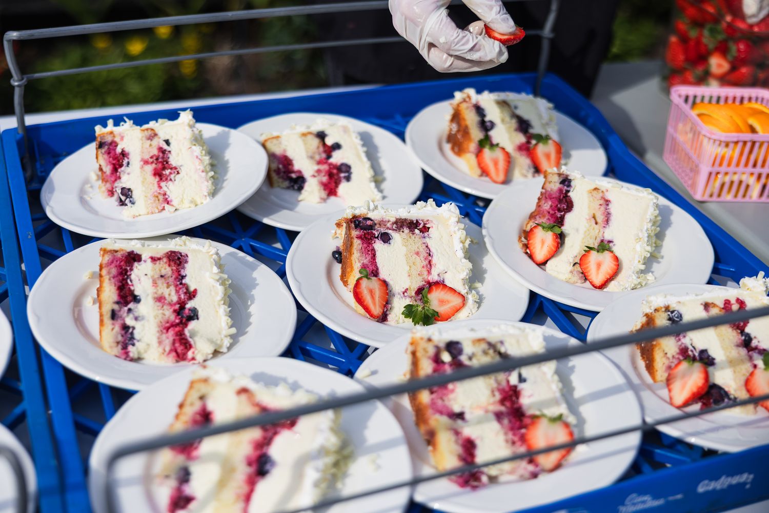 Elegant dessert plates arranged in rows with strawberries and drizzled sauces at a catered event.