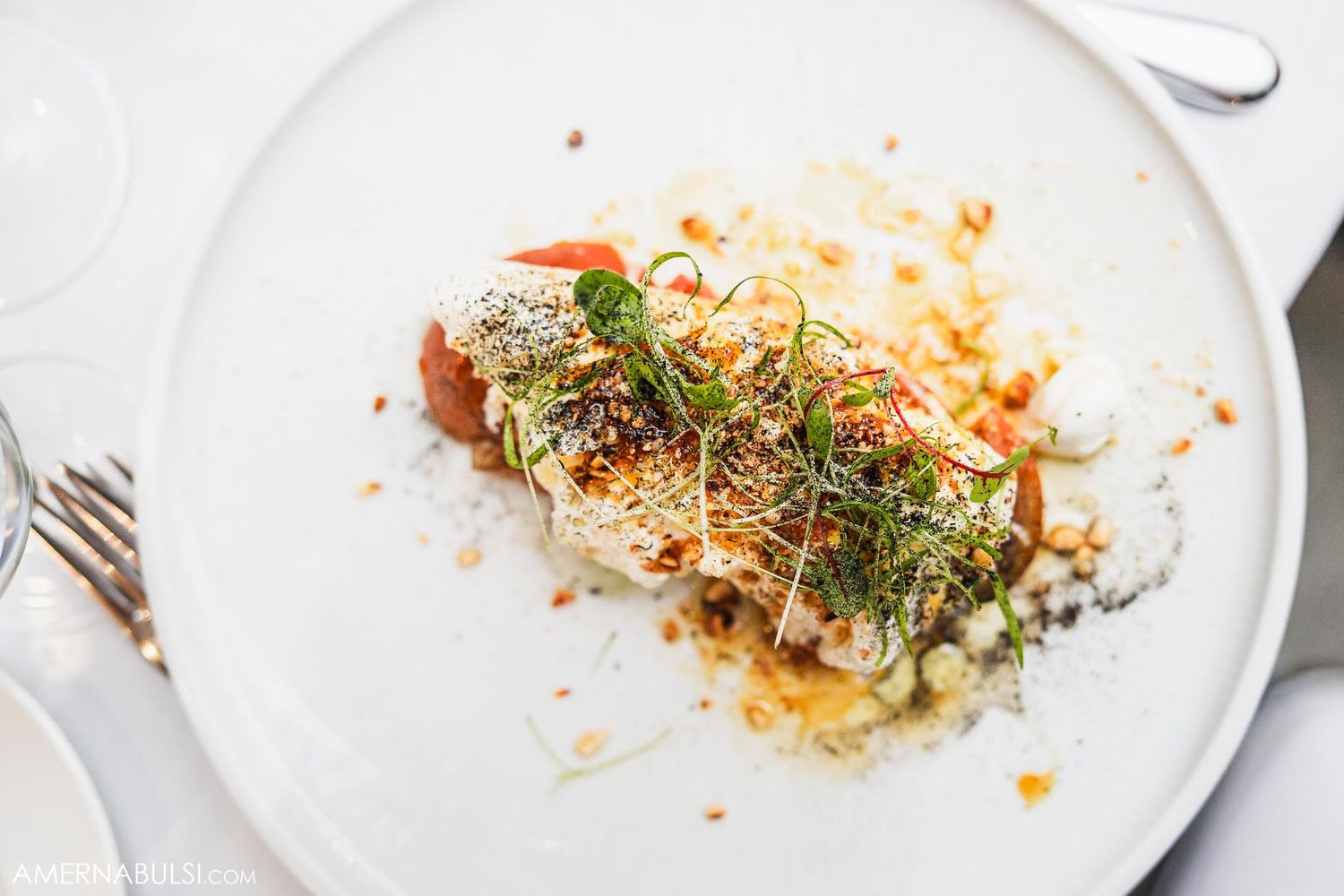 Elegantly plated fish fillet garnished with fresh herbs and citrus sauce on white plate.