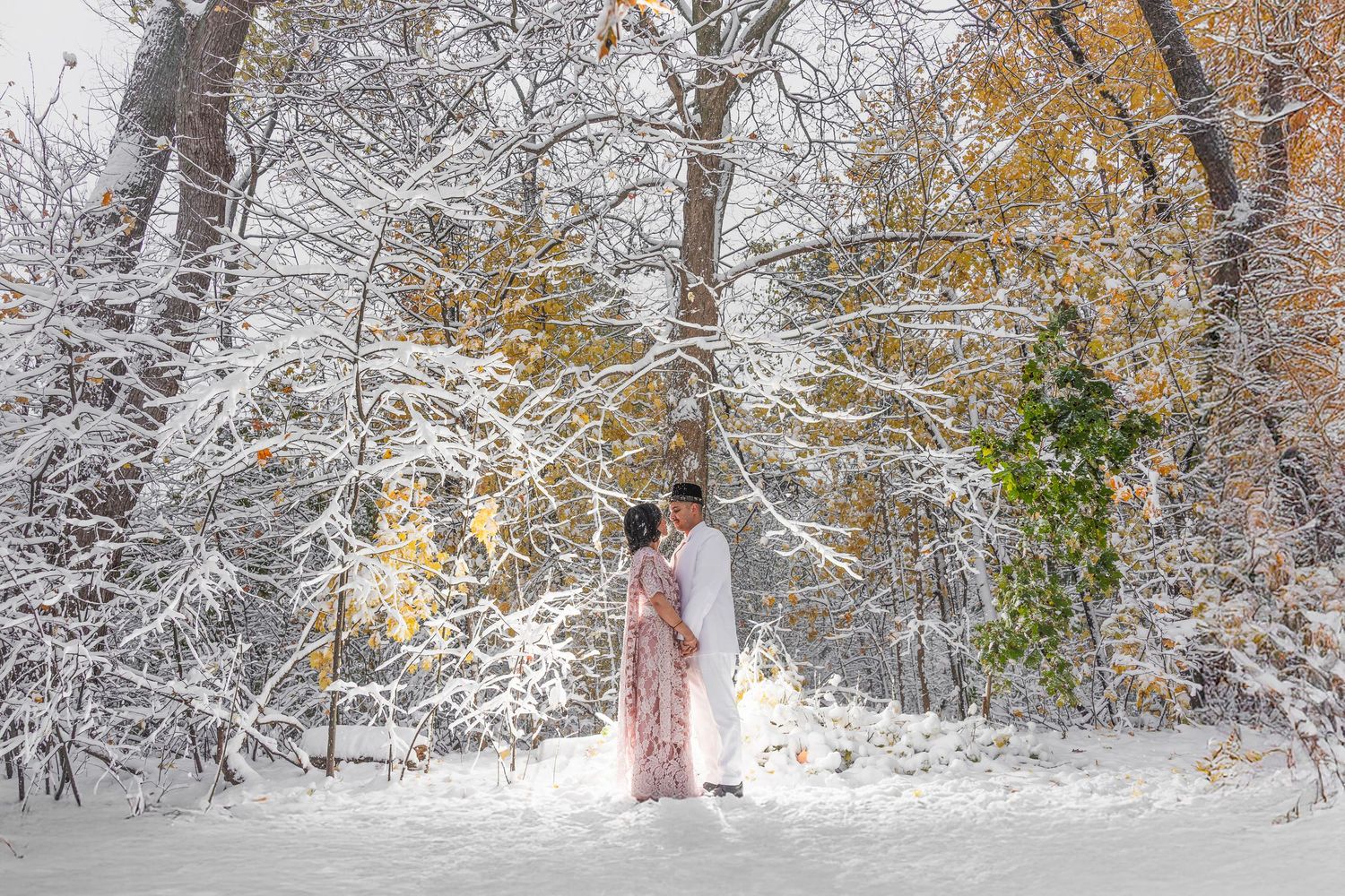 A snowy winter landscape with trees showing both autumn colors and fresh snowfall creates a magical scene.