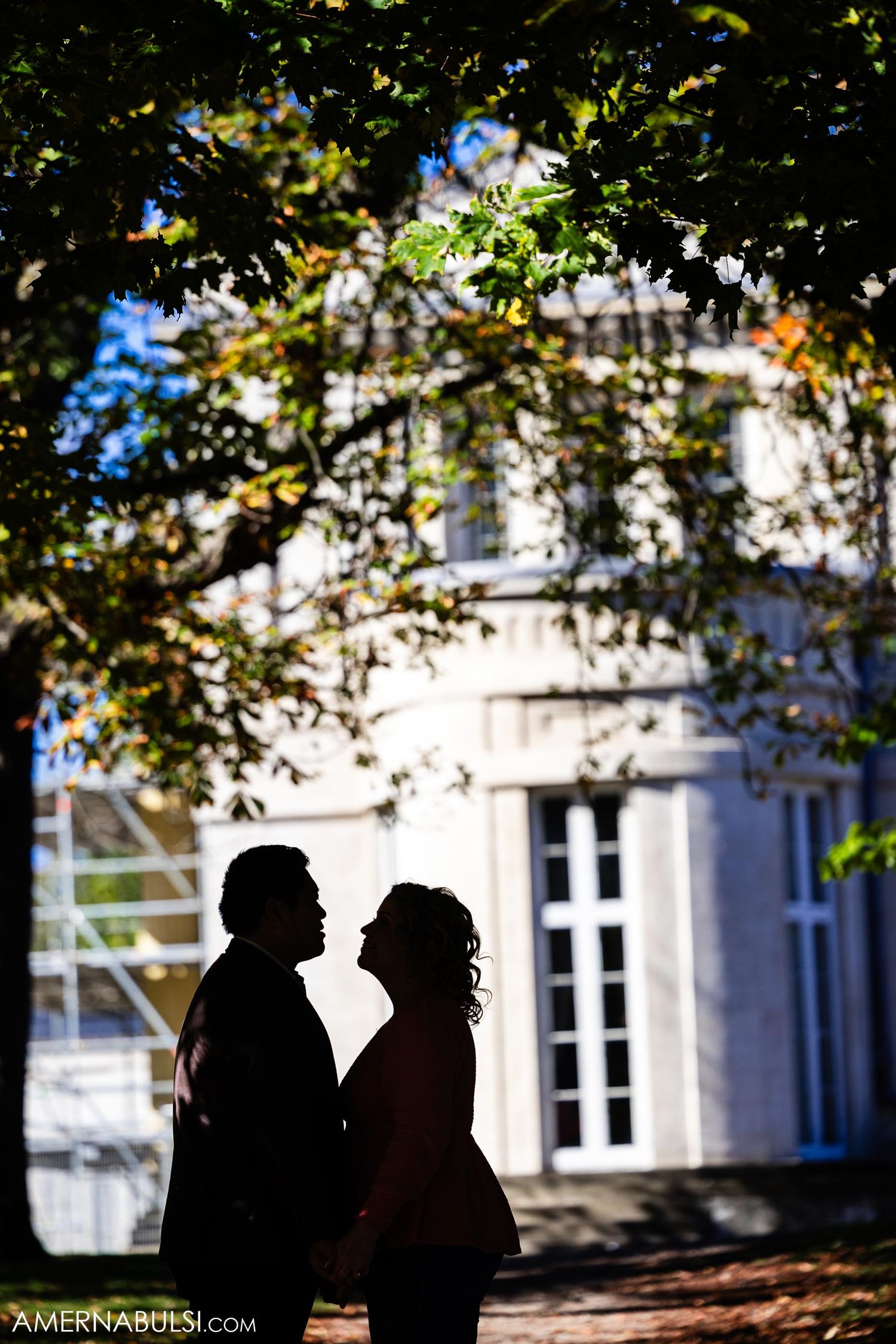 Silhouetted couple standing close together in front of elegant white building with trees.