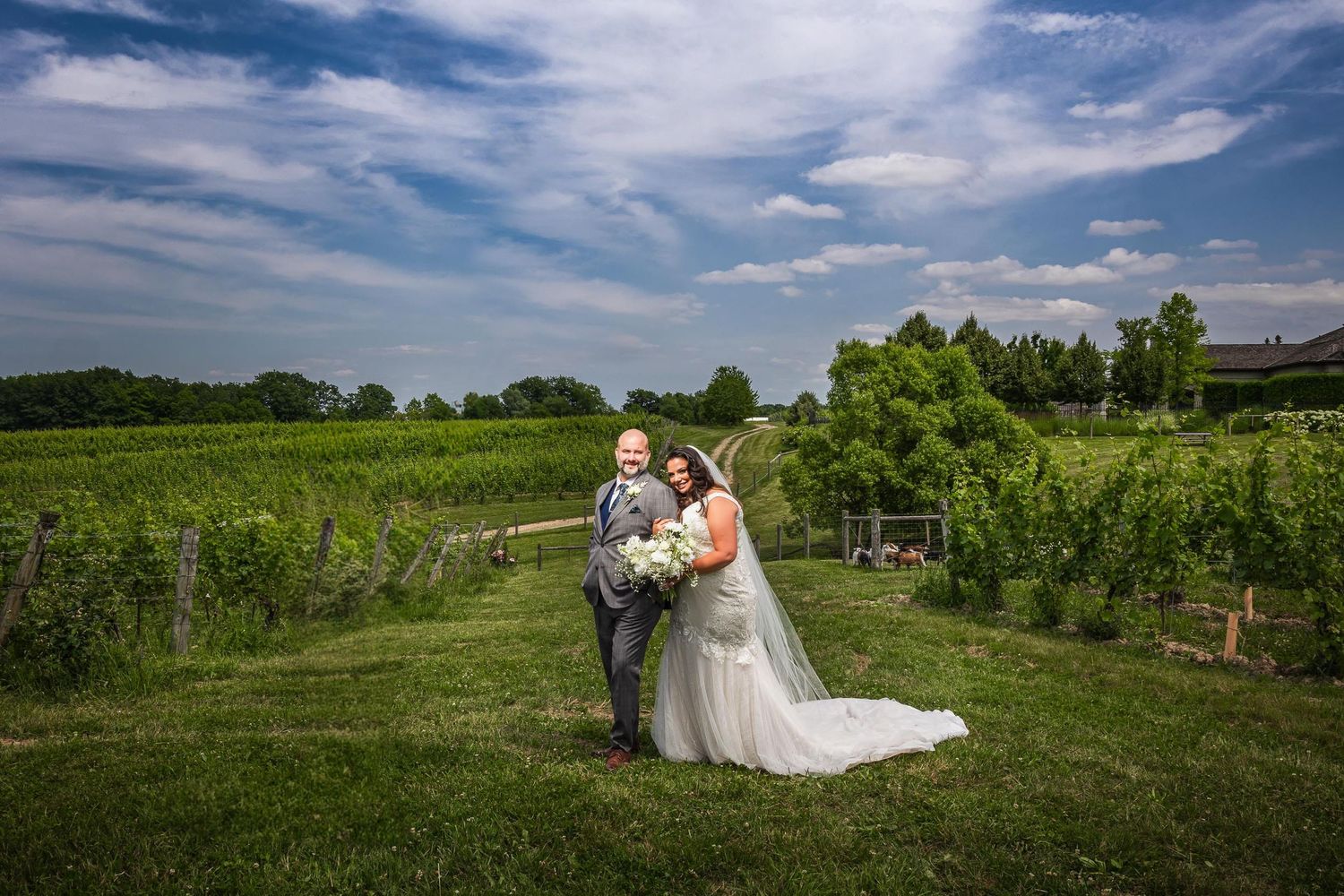 Wedding photo at scenic vineyard with green rolling hills and blue sky backdrop.