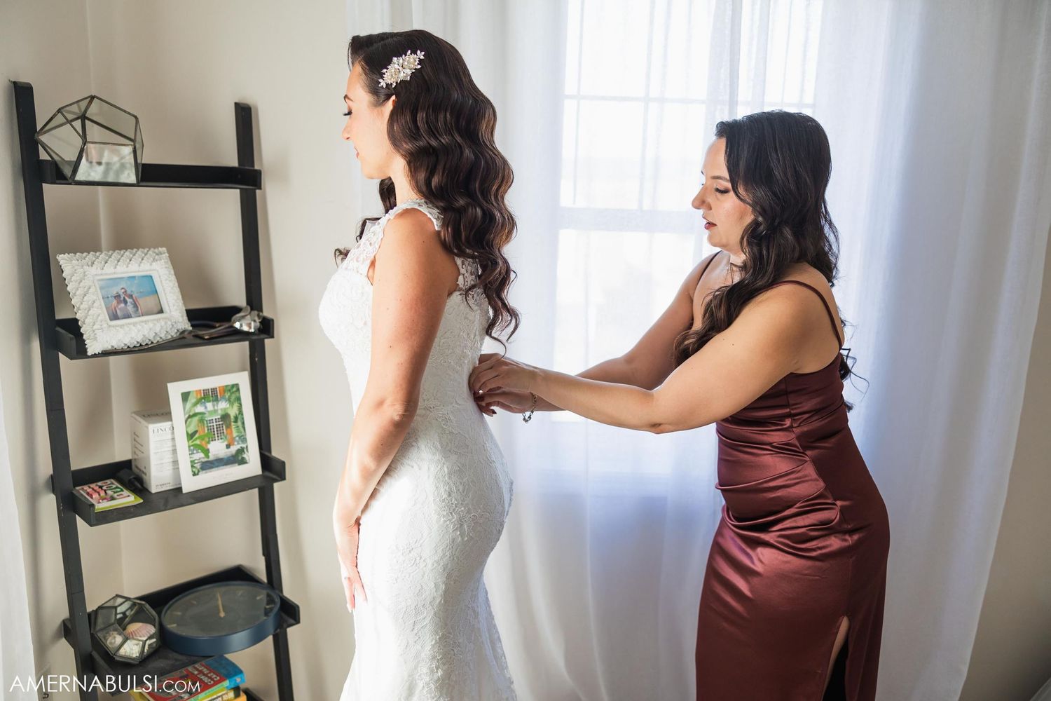 A wedding dress fitting scene shows final adjustments being made.