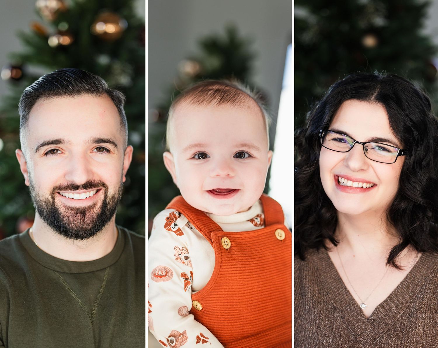 Three individual portraits showing a couple and their baby wearing an orange outfit against a Christmas backdrop.