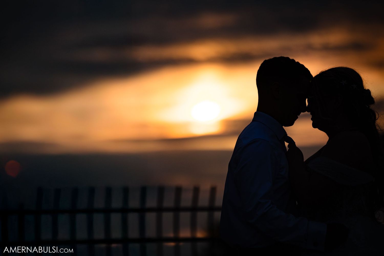 Silhouettes of couples sharing romantic moments at sunset in multiple connected images.