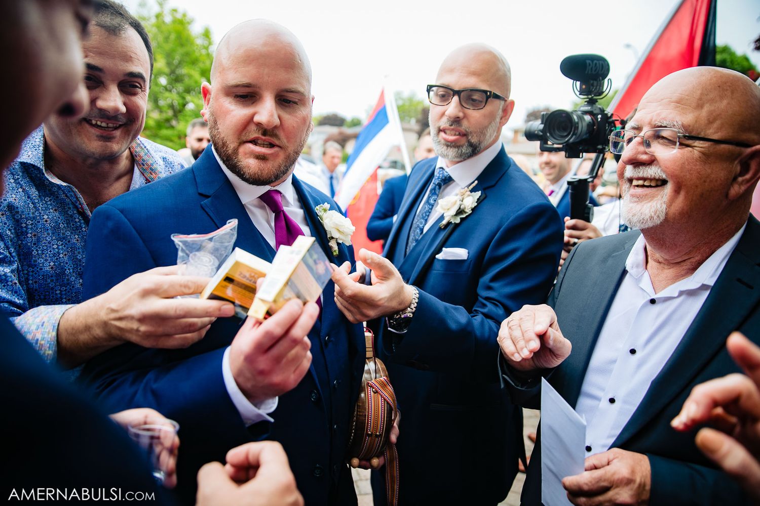 Candid moments of guests enjoying refreshments at outdoor reception.