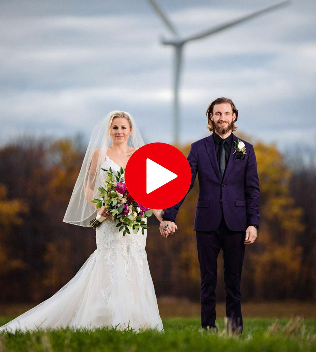 Wedding couple portraits in front of wind turbines under cloudy autumn sky.