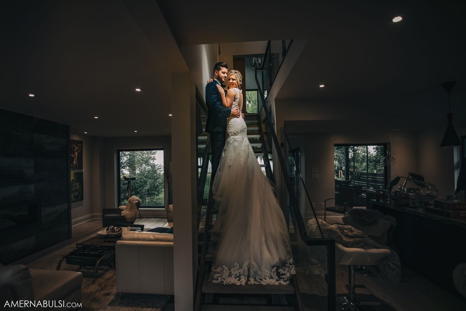 Interior shots of a modern wedding venue with elegant lighting and decor details.