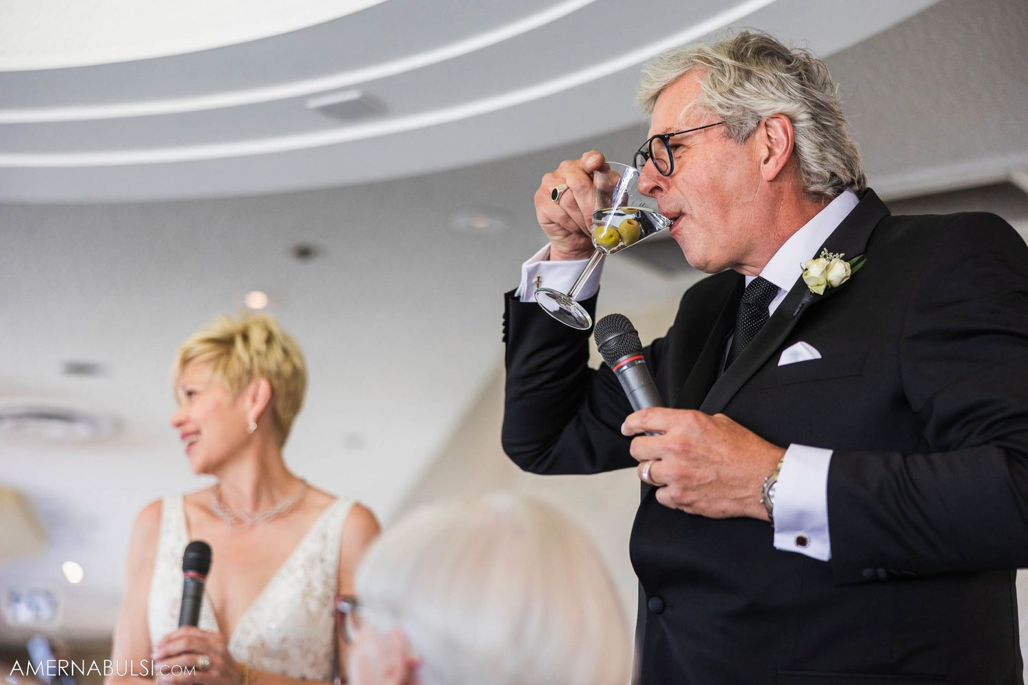 Reception speeches with guests raising glasses during wedding celebration.