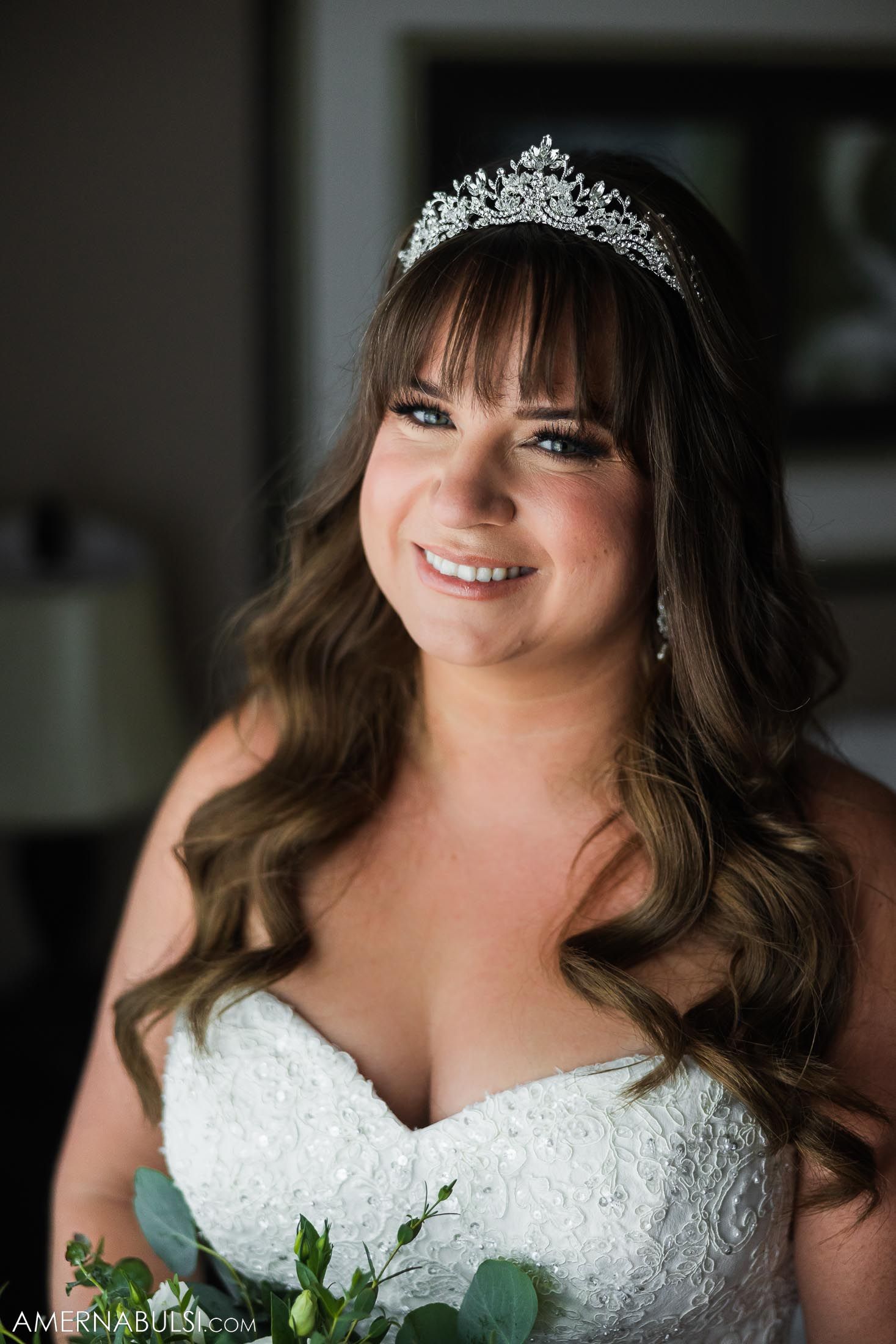 A bridal portrait showcasing an ornate tiara and classic lace wedding dress.