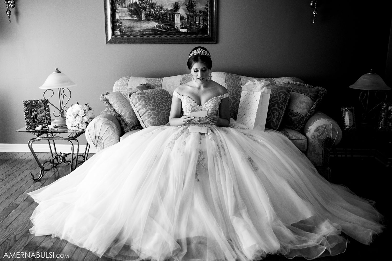 Wedding dress details shown in dramatic black and white photography.