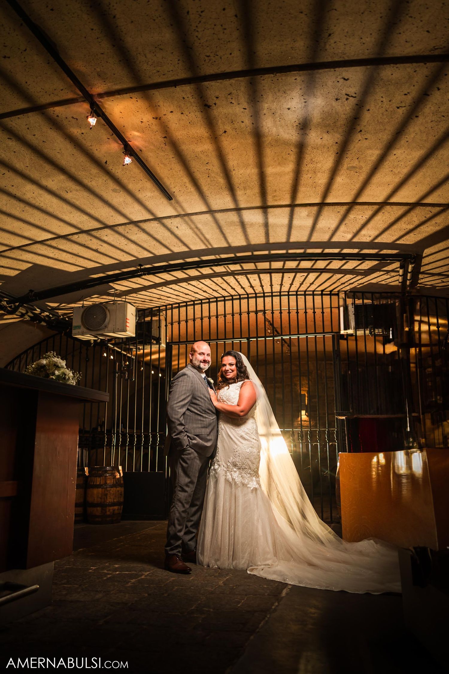 Dramatic lighting illuminates a couple posing against ornate metal bars in an elegant wedding setting.