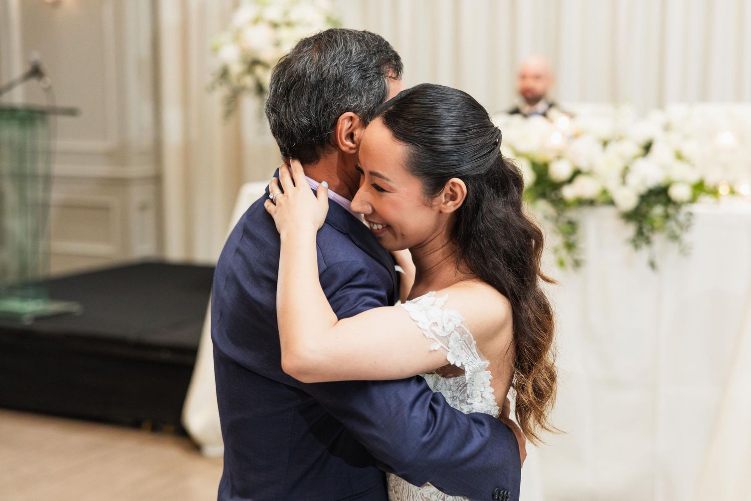 An intimate moment between a couple during their wedding reception dance.