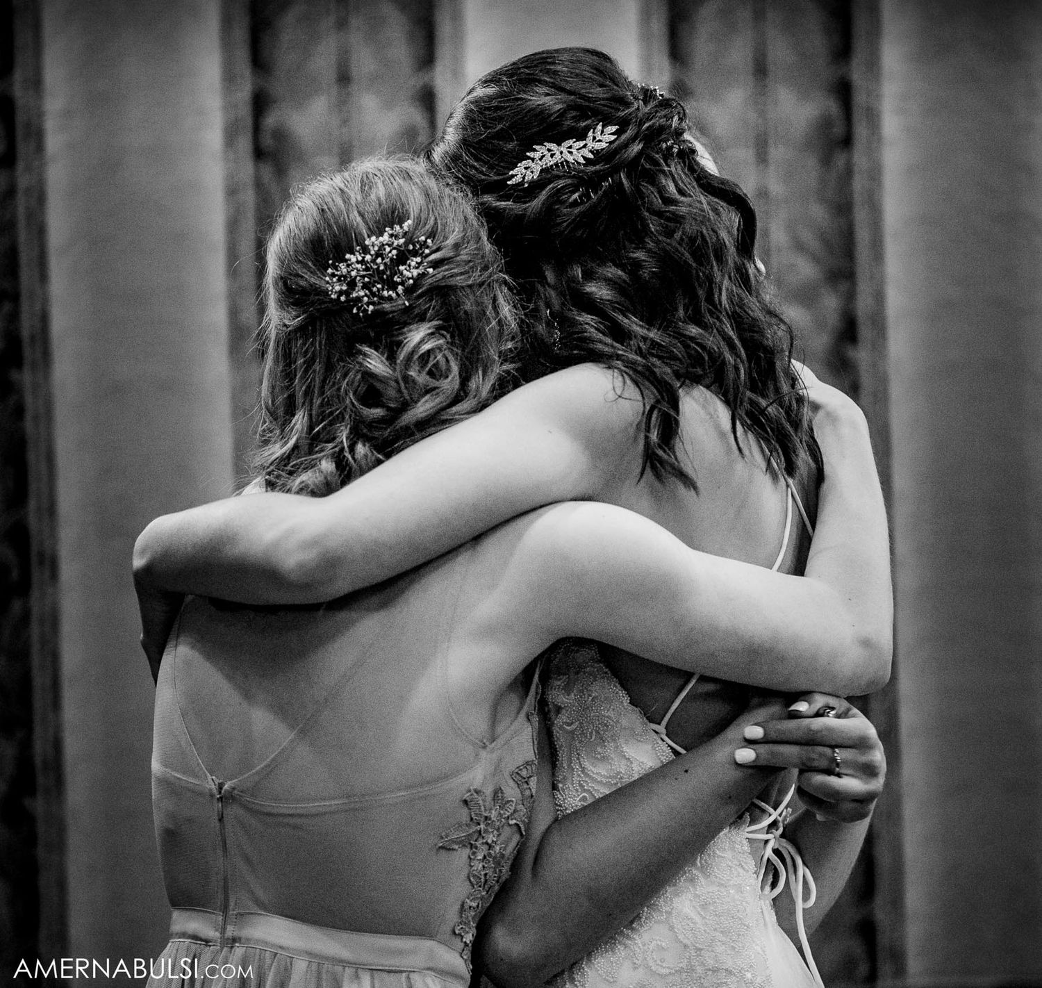 Black and white photo series showing emotional embraces between wedding party members during celebration.