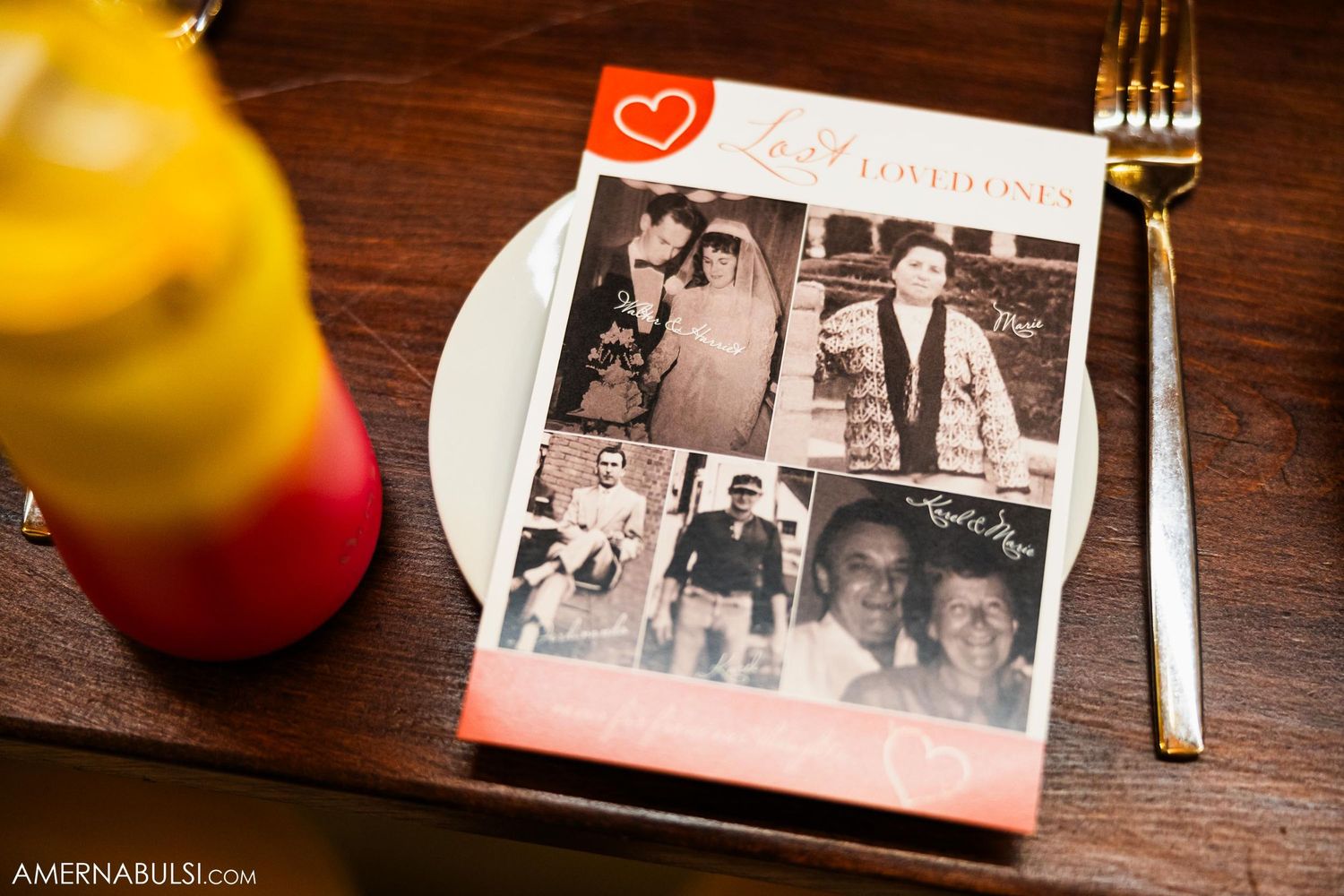 Wedding photo collage displayed on a dinner plate with vintage family photographs.