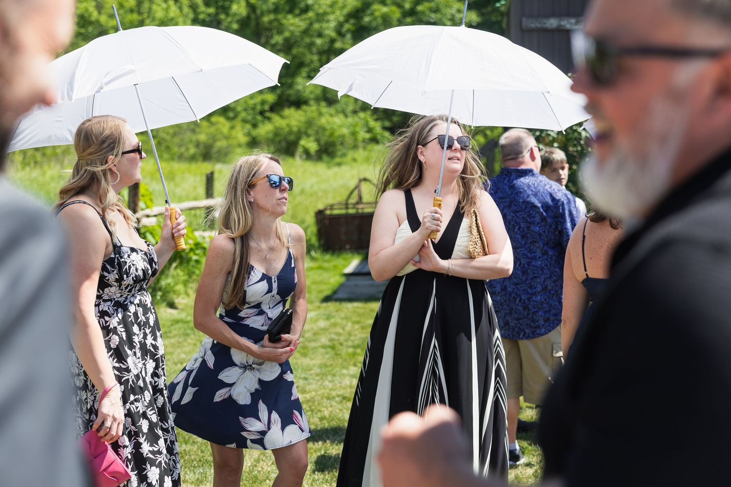 Wedding guests holding white umbrellas enjoy outdoor summer wedding reception on sunny day.