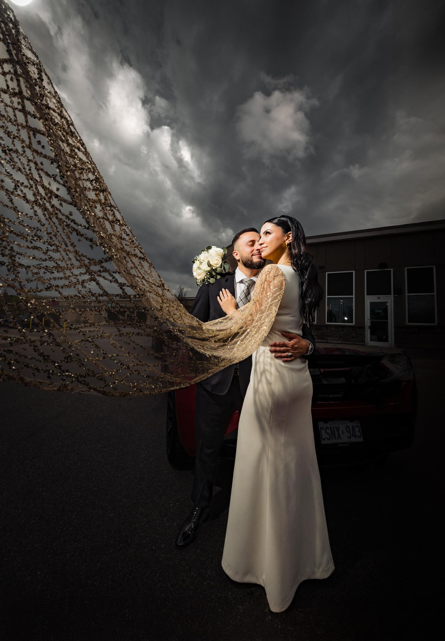 Dramatic wedding portrait with stormy sky and flowing veil.