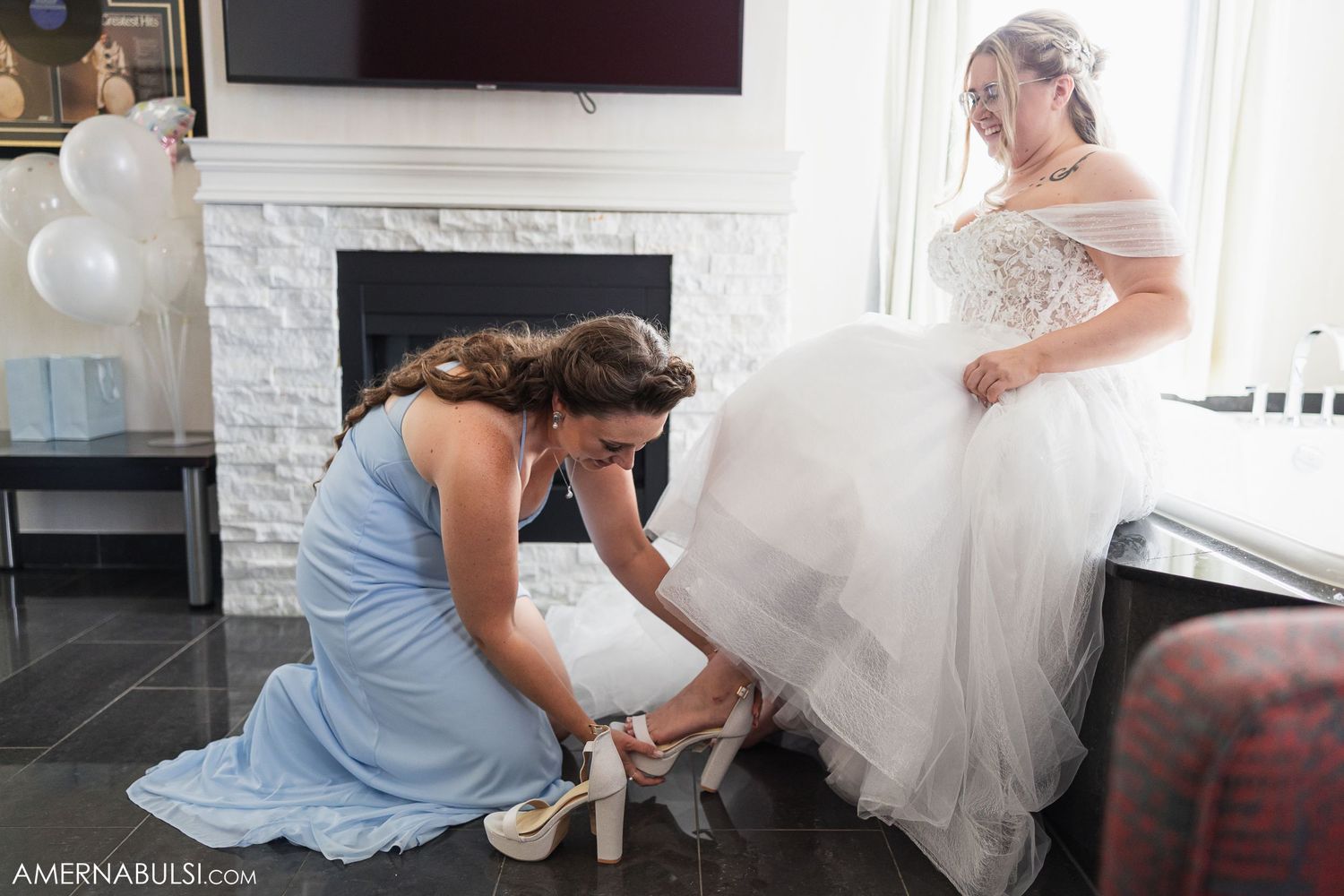Wedding dress preparations showing detail shots of lacing up and adjusting a white bridal gown in natural light.