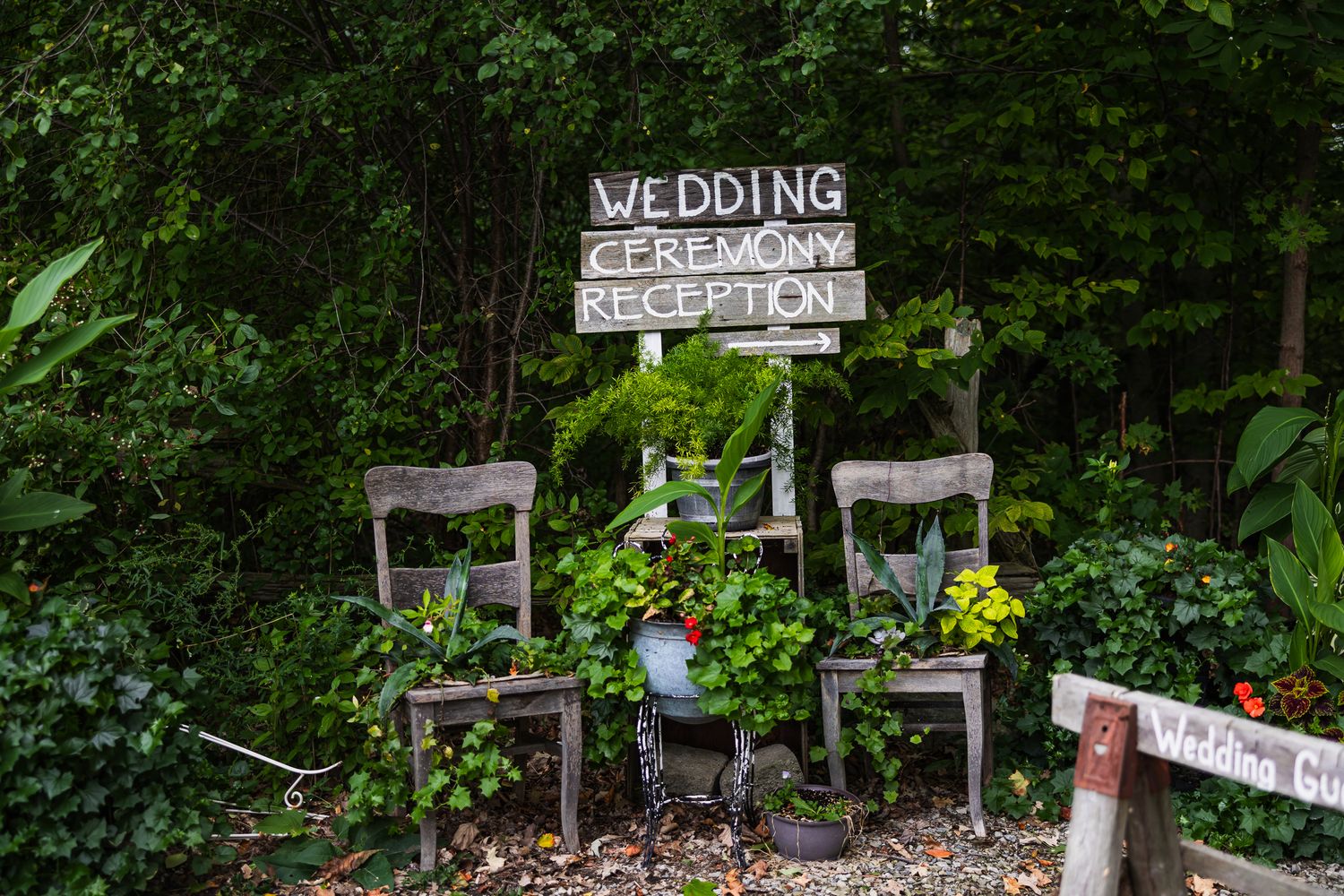 Rustic wooden wedding directional signs mounted on posts amid green foliage.