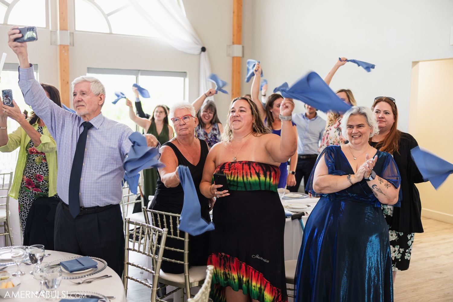 Candid moments from a wedding celebration showing guests laughing and dancing together.