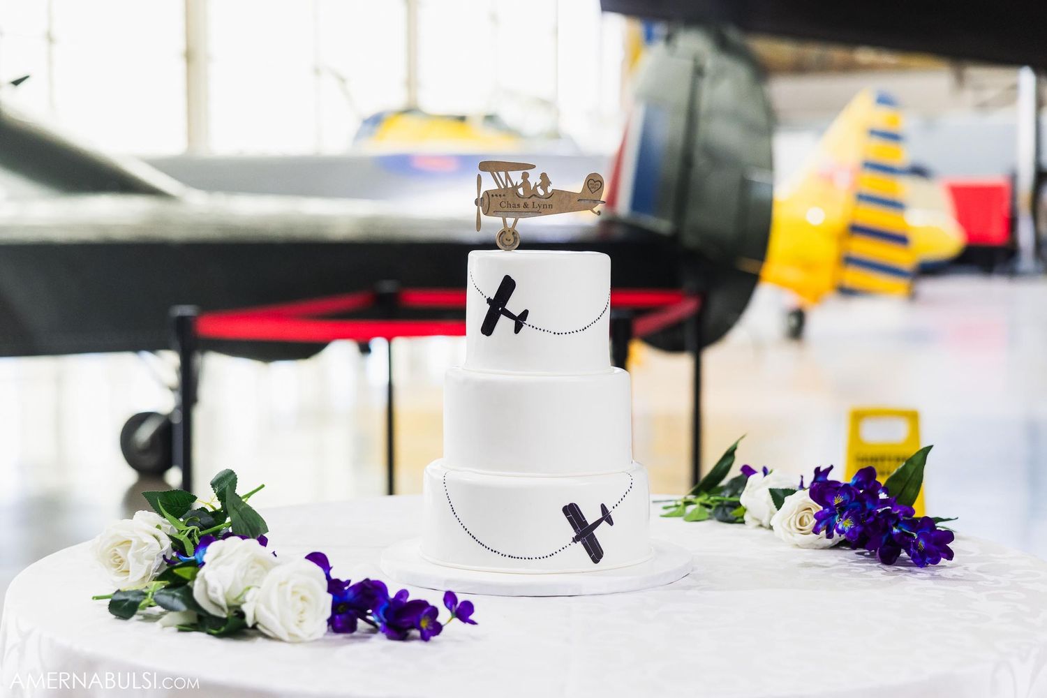 White wedding cake decorated with small silhouettes of airplanes against a simple backdrop.