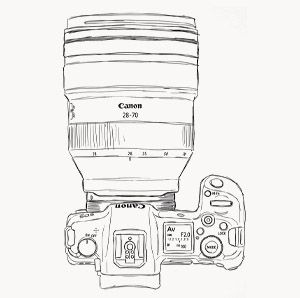 Simple line drawing illustration of a Canon camera body and lens.