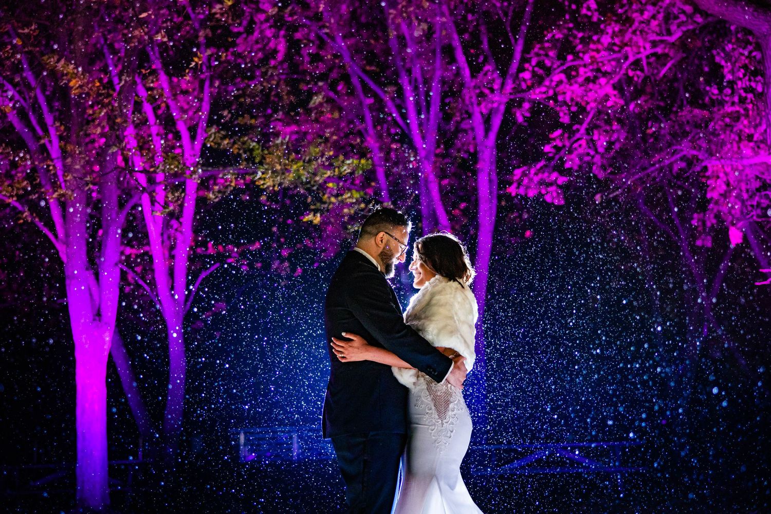 Romantic wedding portrait with purple-lit trees and starry backdrop creating magical atmosphere.
