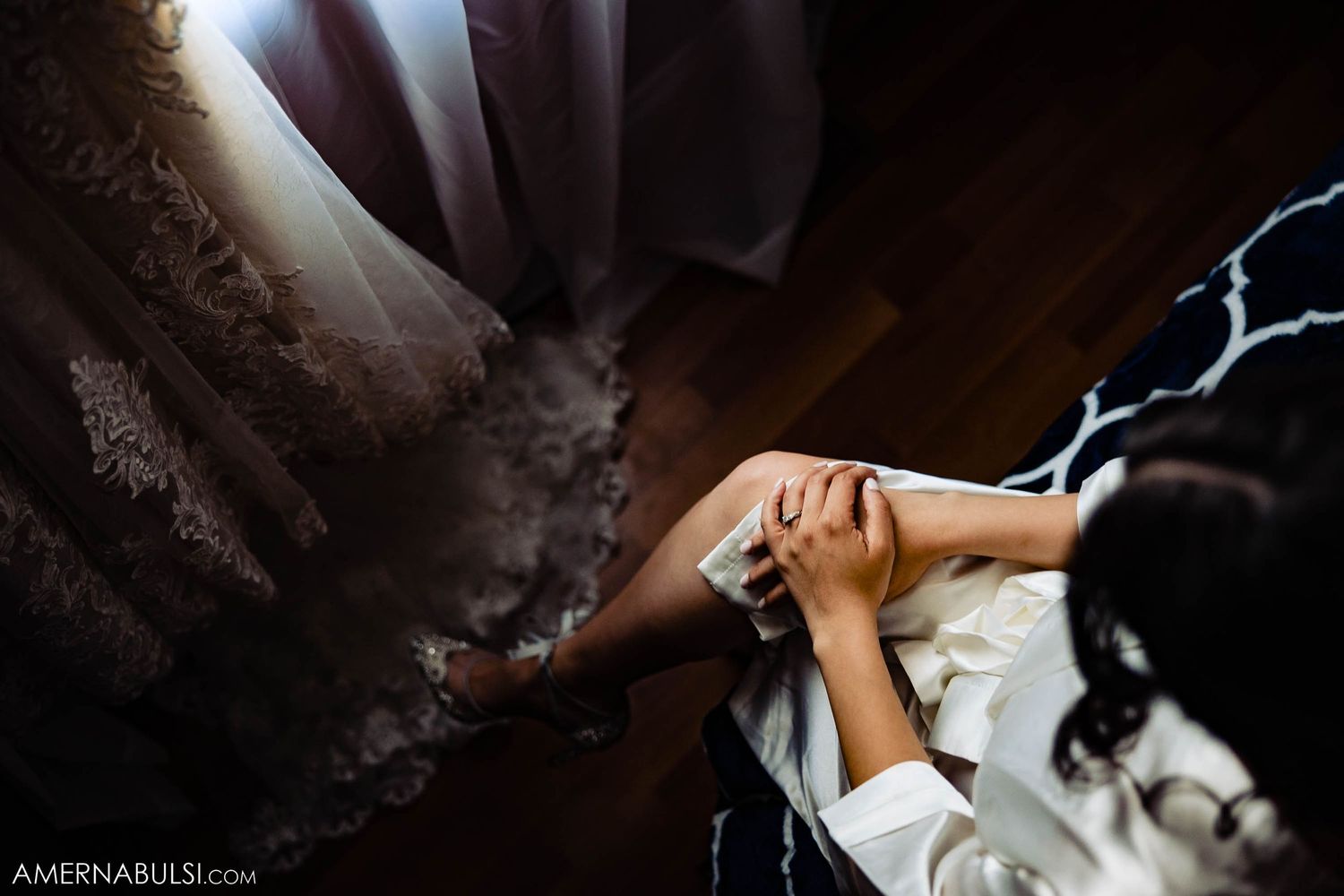 A black and white split-frame image capturing quiet moments during wedding preparations.