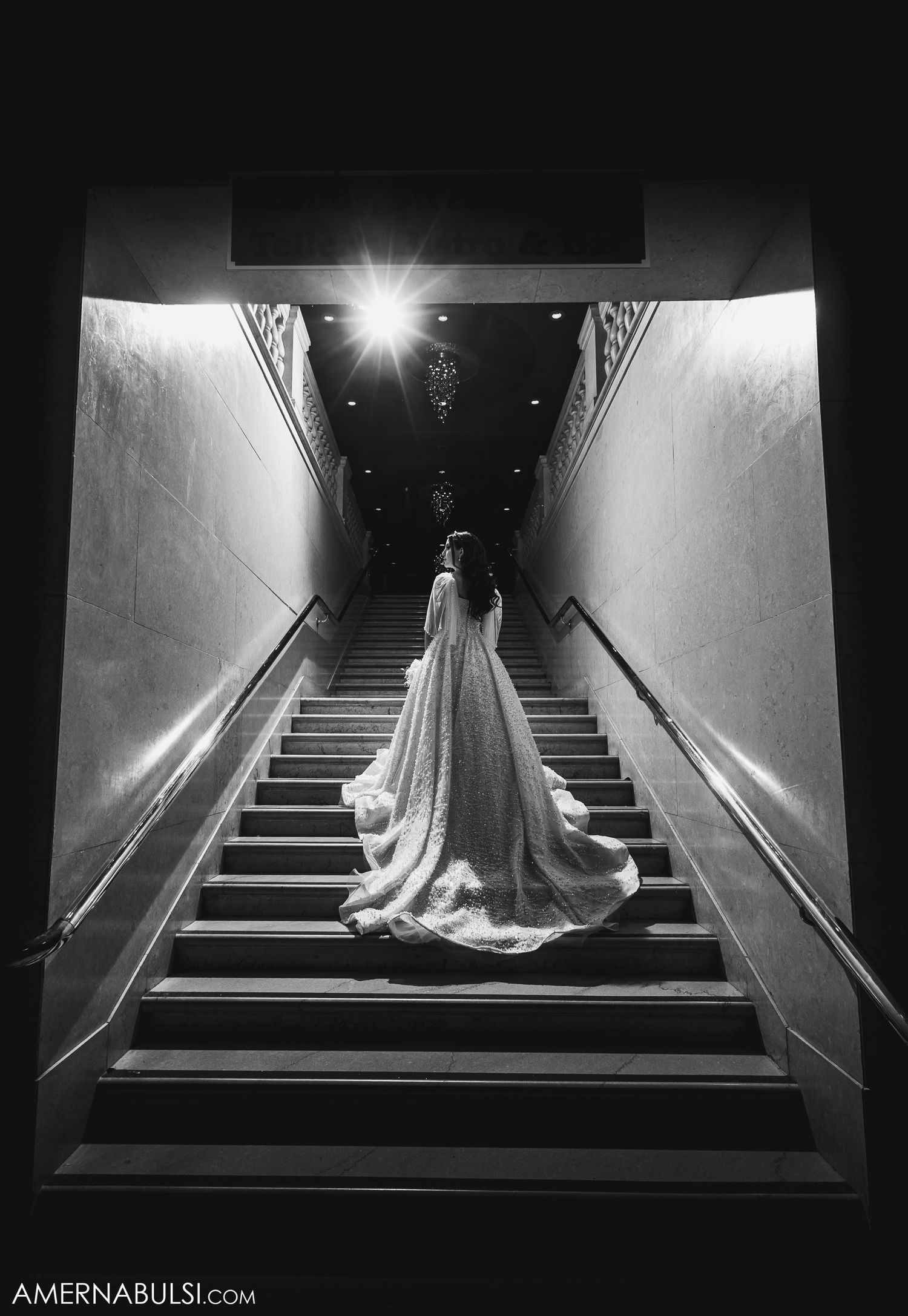 Black and white photo sequence captures a wedding dress ascending dramatic staircase in artistic lighting.
