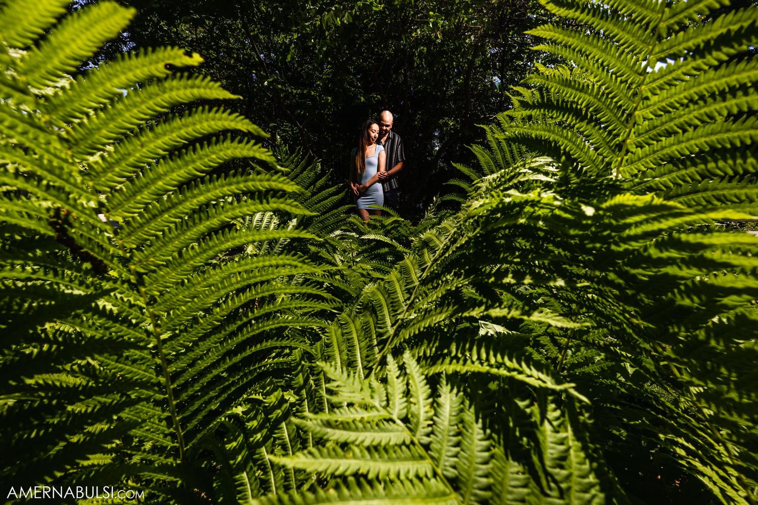 A couple stands among giant fern plants in a lush forest setting.