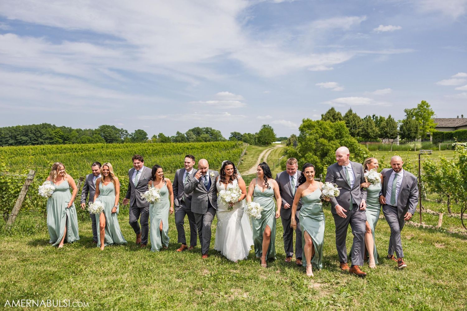 Wedding party lined up in a vineyard wearing light blue and gray attire on sunny day.