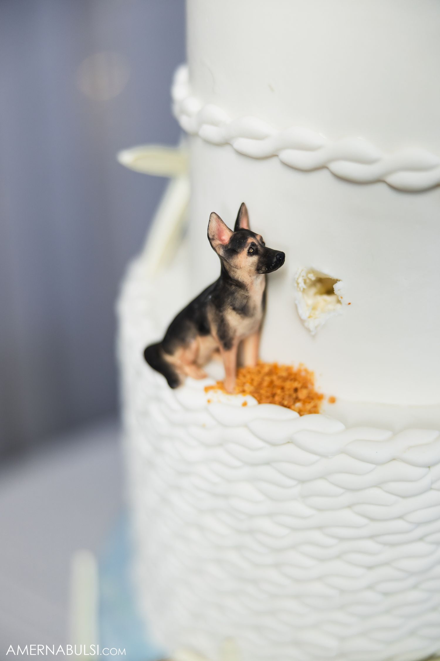 Whimsical wedding cake detail showing decorative cat figure peeking through frosted tiers.