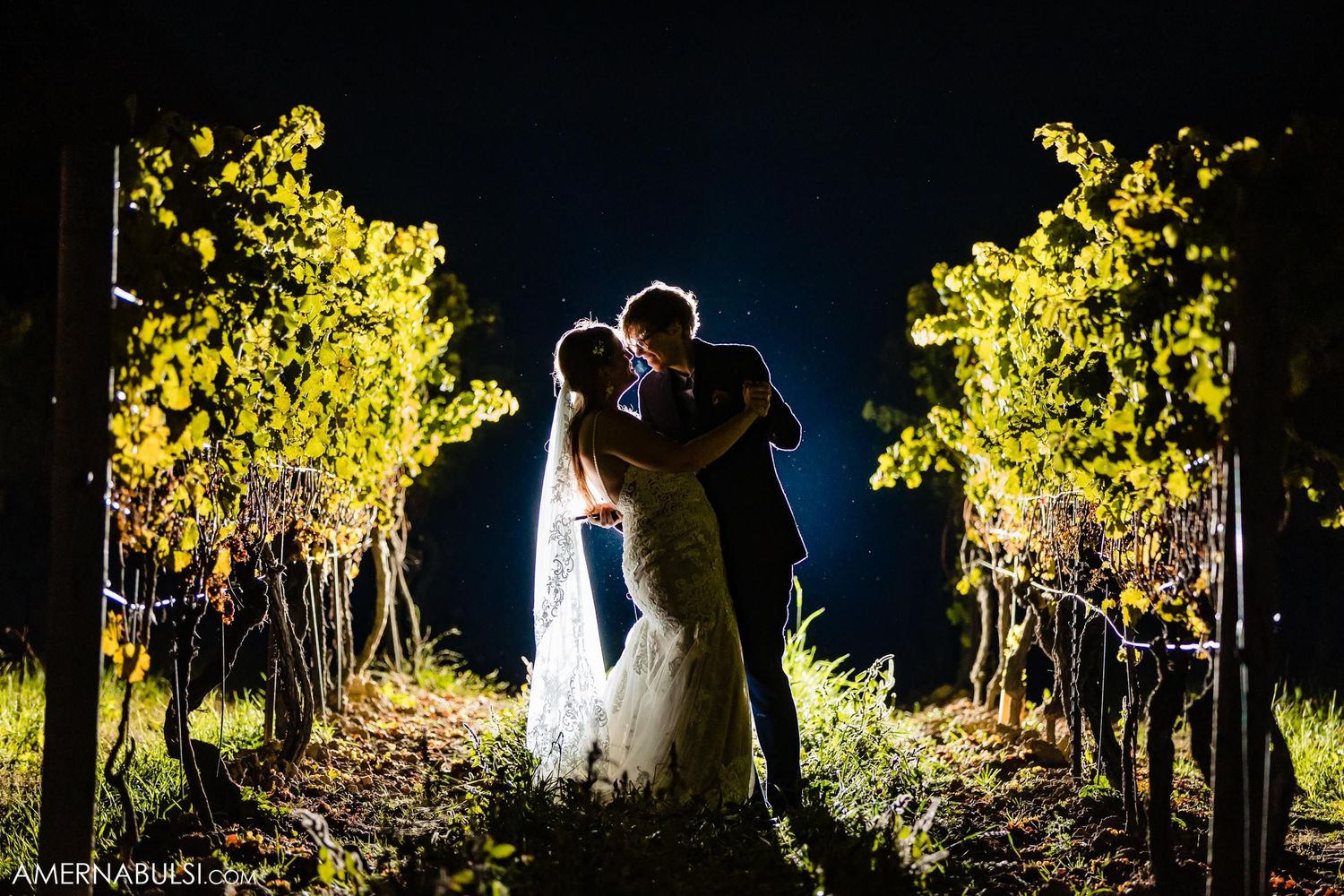 Dramatic backlit silhouette of a couple among vineyard rows at night with glowing lights.