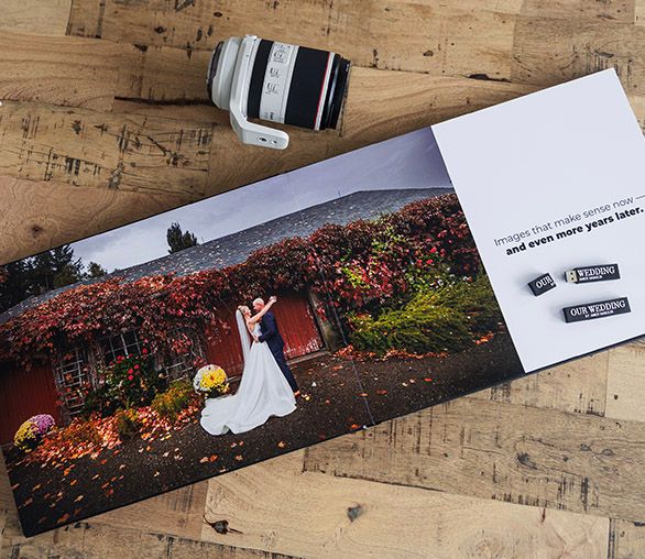 Wedding photo album layout displaying outdoor ceremony images with vibrant red floral elements.