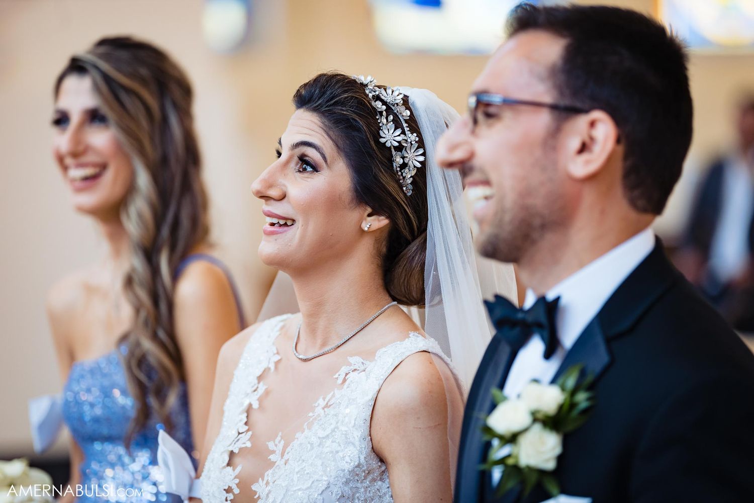 Joyful moment captured during formal wedding reception.