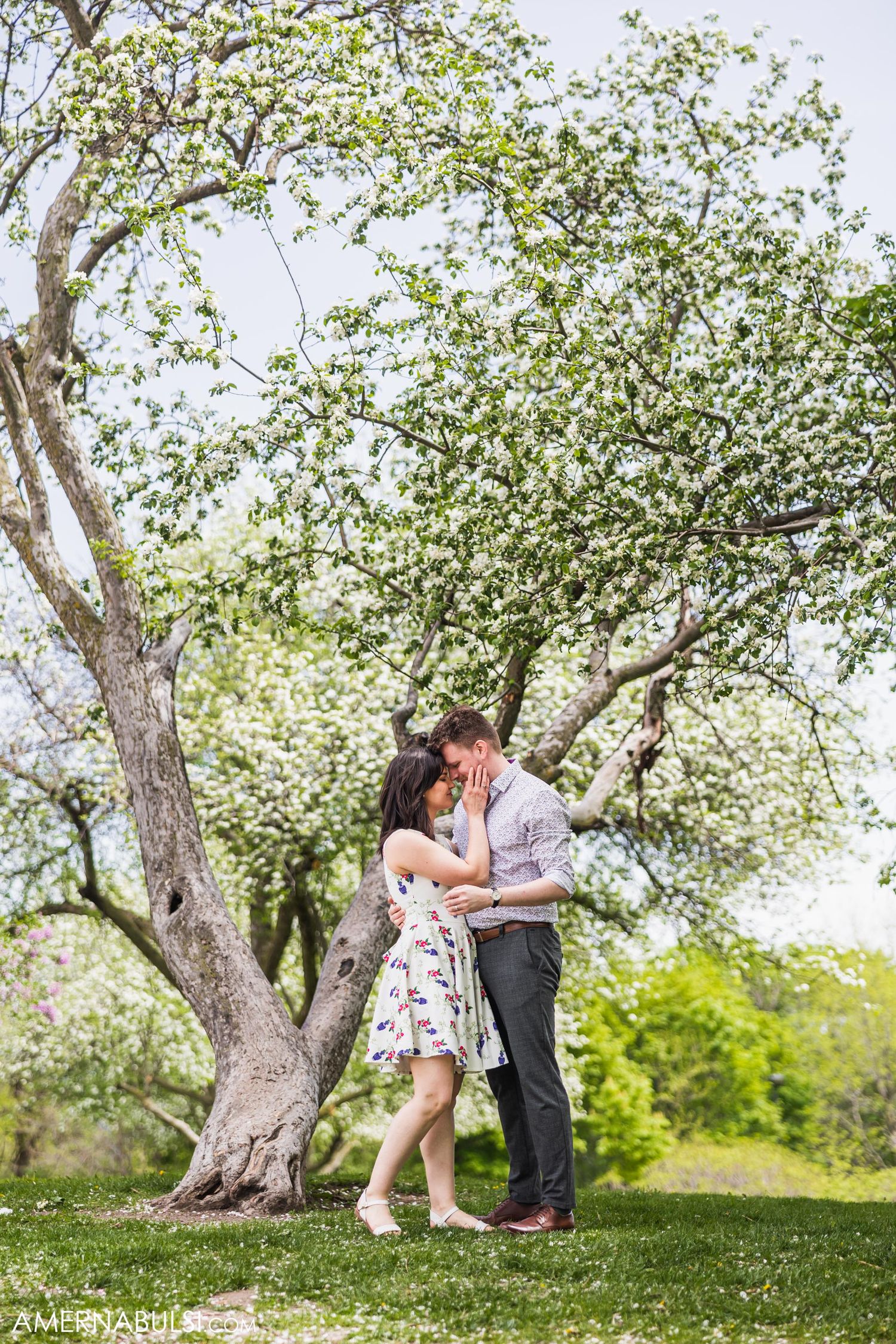 A romantic couple embraces under a blooming spring tree in a lush garden setting.