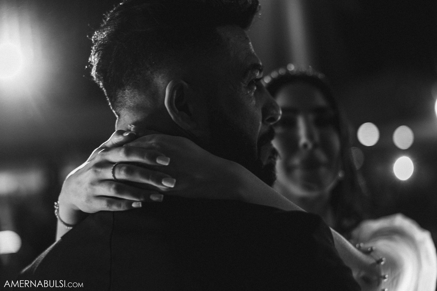 Black and white photo sequence showing silhouettes of people dancing at a party with bokeh lights in the background.
