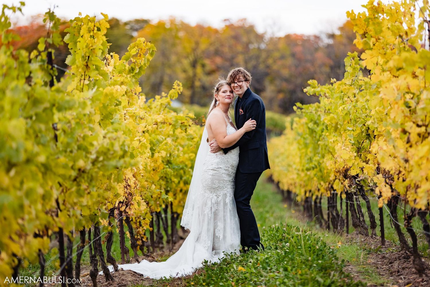 Romantic wedding photo of couple embracing between rows of golden vineyard grapevines.