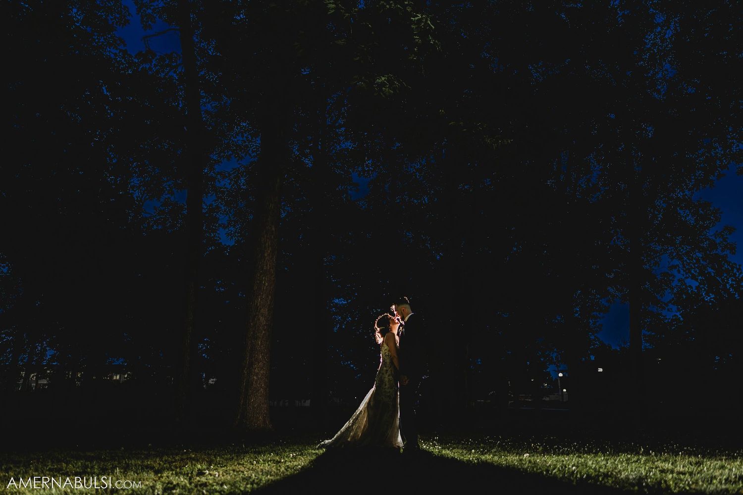 Romantic silhouette of newlyweds standing in spotlit garden at night.